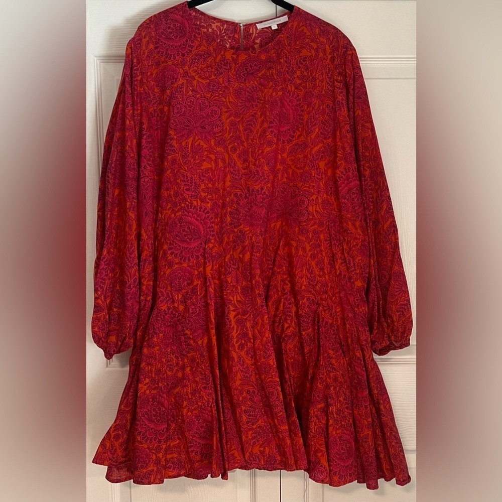 Women's Olivaceous Pink and Red Paisley Long Sleeved Flowy Dress